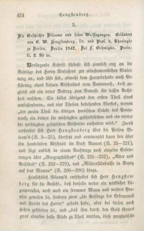 474-482 [Rezension] Hengstenberg, Ernst Wilhelm, Die Geschichte Bileams und seine Weissagungen