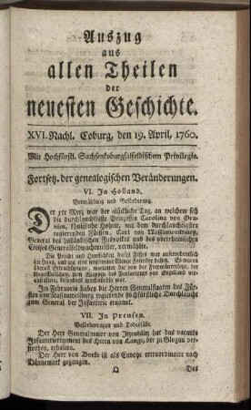 XVI. Nachl. Coburg, den 19. April. 1760.