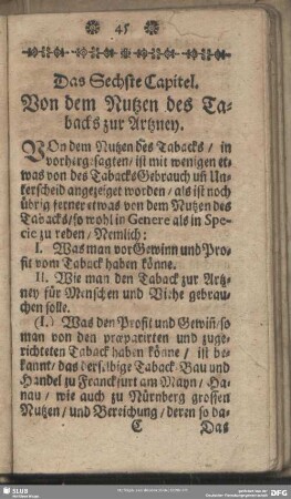 Das Sechste Capitel. Von dem Nutzen des Tabacks zur Artzney