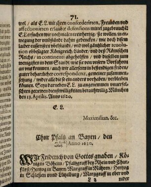 71-74, Chur Pfaltz an Bayrn den 21. April, 1. Maij Anno 1620