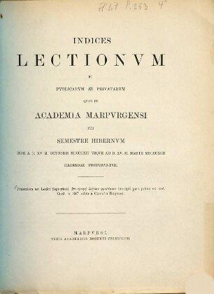 Indices lectionum et publicarum et privatarum quae in Academia Marpurgensi ... habendae proponuntur. 1891/92. WS.