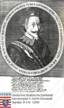 Pappenheim, Gottfried Heinrich Graf v. (1594-1632) / Porträt, in Medaillon mit Umschrift und Sockelinschrift, Brustbild