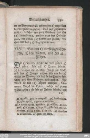 XLVIII. Von den vierfüßigen Thieren, den Vögeln, und den Fischen.