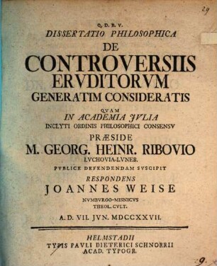 Dissertatio Philosophica De Controversiis Ervditorvm Generatim Consideratis