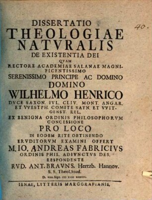 Diss. theologiae naturalis, de existentia Dei