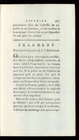 Fragment Trouvé parmi les papiers de J. J. Rousseau.