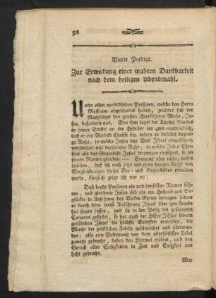 Vierte Predigt. Zur Erweckung einer wahren Dankbarkeit nach dem heiligen Abendmahl