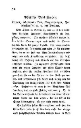 Physische Beschaffenheit, Sitten, Lebensart, Ton, Vergnügungen, Gelehrsamkeit u.u. der Berliner