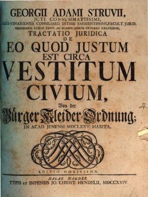 Georgii Adami Struvii, JCti Consummatissimi ... Tractatio Juridica De Eo Quod Justum Est Circa Vestitum Civium : In Acad. Jenensi MDCLXXV. Habita = Von der Bürger Kleider-Ordnung