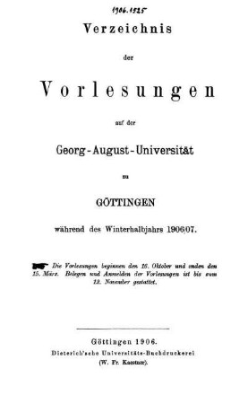 WS 1906/07: Verzeichnis der Vorlesungen