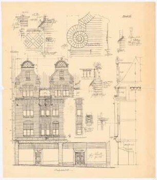 Städtisches Reihenwohnhaus mit Laden, Lübeck: Aufriss der Straßenseite und des Erkers 1:50; Vertikalschnitt der (von Inv.Nr. 43266) Fassade 1:50; Details 1:10: Teile von Fassade und Dach in Aufriss und Vertikalschnitt, u. a. Sohlbänke, Erkerbrüstung, Gesims