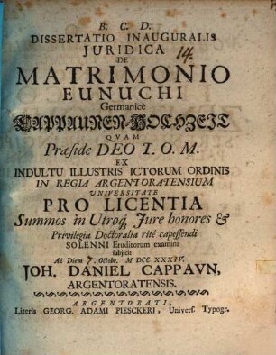 Diss. inaug. iur. de matrimonio eunuchi, Germ. Cappaunen-Hochzeit
