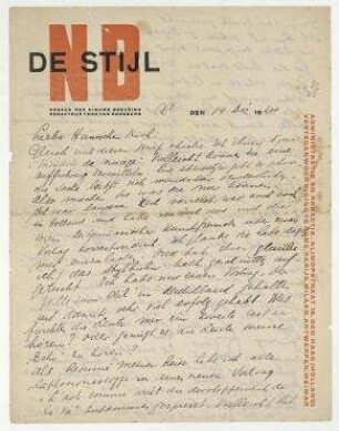 Brief von Theo van Doesburg an Hannah Höch. [Clamart]. Briefkopf: "NB DE STIJL [...]"