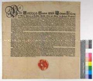 Johann Georg II. Kurfürst von Sachsen kündigt seine Verweserschaft in den Ländern sächsischen Rechts an. Dresden, 6. April 1657. Siegelrest.