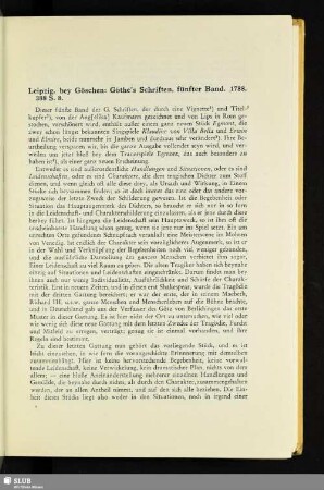 Leipzig, bey Göschen: Göthe's Schriften, fünfter Band. 1788. 388 S. 8. : [Allgemeine Literatur-Zeitung, Jena, Lpzg. u. Wien, Nrn. 227a und 227b v. 1788 Sept. 20]