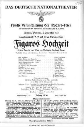 Fünfte Veranstaltung der Mozart-Feier [...] Figaros Hochzeit