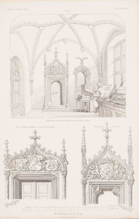 Rathaus, Breslau: Perspektivische Innenansicht, Details Schreibstube (aus: Atlas zur Zeitschrift für Bauwesen, hrsg. v. G. Erbkam, Jg. 18, 1868)
