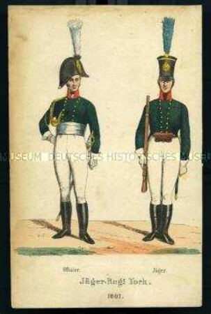 Uniformdarstellung, Offizier und Jäger des Jäger-Regiments York, Preußen, 1807. Aus: Der Soldatenfreund.
