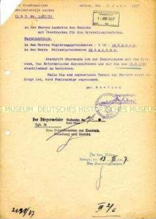 Innerbehördliches Anschreiben der Gestapo an die Landräte des Bezirkes zur Übersendung einer Anordnung