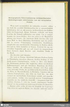 Stratigraphische Uebereinstimmung nordamerikanischer Kohlenlagerungen untereinander und mit europäischen Feldern