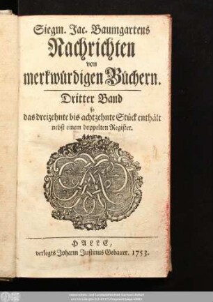 3.1753: Siegm. Jac. Baumgartens Nachrichten von merkwürdigen Büchern