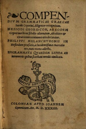 Compendium Grammaticae Graecae Iacobi Ceporini : diligenter recognitum