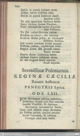 Serenissimae Poloniarum Reginae Caeciliae Renatae Auftriacae Panegyris Lyrica. Ode LXII.
