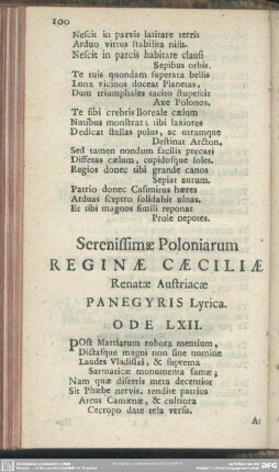 Serenissimae Poloniarum Reginae Caeciliae Renatae Auftriacae Panegyris Lyrica. Ode LXII.