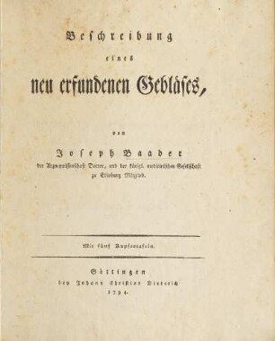 Beschreibung eines neu erfundenen Gebläses