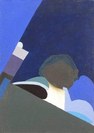abstrahierte Figur vor blauem Grund