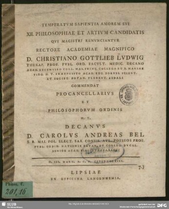 Temperatum Sapientia Amorem Sui XII. Philosophiae Et Artium Candidatis Qui Magistri Renunciantur