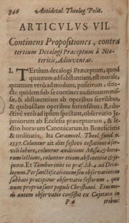 Articvlvs VII. Continens Propositiones, contra tertium Decalogi Praeceptum à Neotericis, Adinventas.
