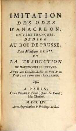 Imitation des odes d'Anacrion en vers françois