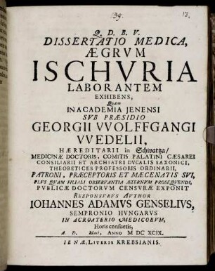 Dissertatio Medica, Aegrum Ischuria Laborantem Exhibens