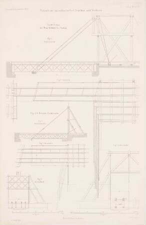 Überbaue amerikanischer Brücken und Viadukte: Grundrisse, Seitenansicht, Querschnitt (aus: Atlas zur Zeitschrift für Bauwesen, hrsg. v. G. Erbkam, Jg. 12, 1862)