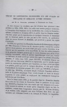 RÉSUMÉ DE DIFFÉRENTES RECHERCHES SUR LES OVALES DE DESCARTES ET QUELQUES AUTRES COURBES.
