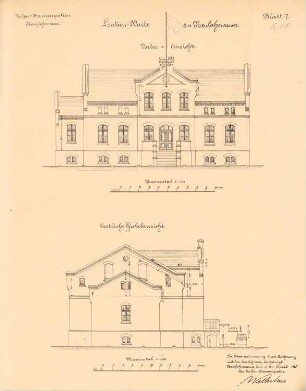 Leuchtturm, Maschinengebäude und Lotsenwachgebäude auf dem Lotsenberg, Danzig-Neufahrwasser: Lotsenwarte: Ansichten 1:100