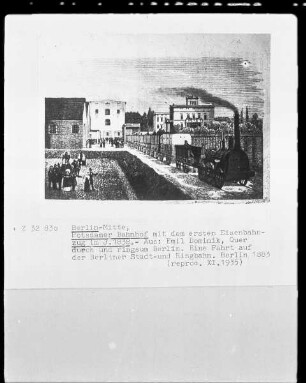 Berlin-Mitte, Potsdamer Bahnhof mit dem ersten Eisenbahnzug im Jahr 1838