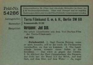 Zensurkarte (Titelseite) der Film-Prüfstelle Berlin zum Vorspann, 21.9.1940.
