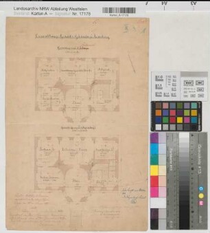 Arnsberg (Arnsberg) Verwaltungsgericht Grundriß Erdgeschoß und 1. Stockwerk 1886 1 : 100 44,5 x 30 kol. Zeichnung Landgrebe, Kreisbauinspektor Staatshochbauamt Soest-Arnsberg
