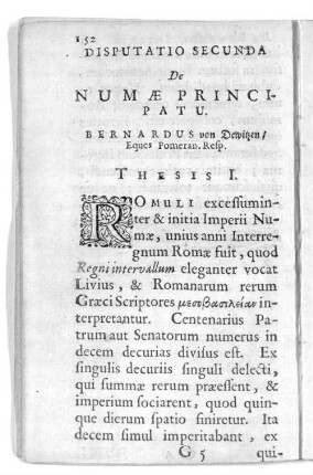 Disputatio Secunda De Numae Principatu. Bernardus von Demitzen ...