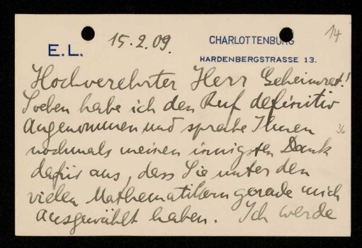 Nr. 14 Brief von Edmund Landau an David Hilbert. Charlottenburg, 15.2.1909