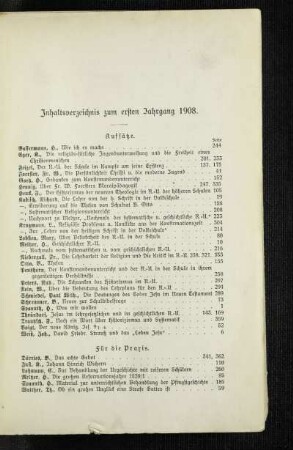 Inhaltsverzeichnis zum ersten Jahrgang 1908