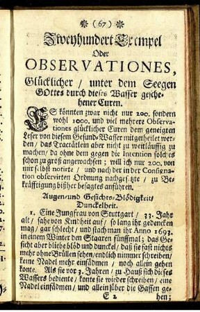 Zweyhundert Exempel Oder Observationes, Glücklicher / unter dem Seegen Gottes durch dieses Wasser geschehener Curen.