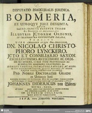 Disputatio Inauguralis Juridica, De Bodmeria, Ex Utroqve Jure Desumta