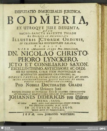 Disputatio Inauguralis Juridica, De Bodmeria, Ex Utroqve Jure Desumta