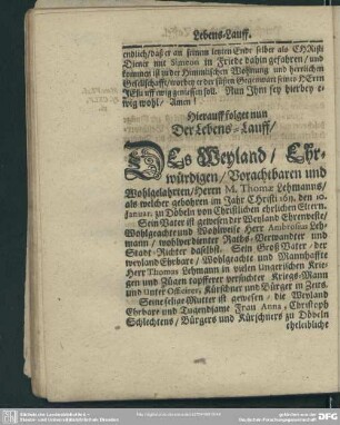 Lebenslauf : [Hierauff folget nun der] Lebens-Lauff