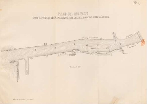 Plano del Rio Pasig entre el Puente de Espana y la Barra, con la situacion de las luces eléctricas