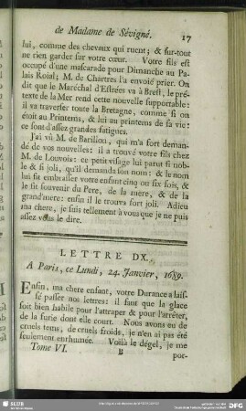 Lettre DX. A Paris, ce Lundi, 24. Janvier, 1689
