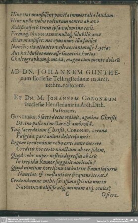 Ad Dn. Johannem Guntherum Ecclesiae Tellingstedanae in Arct. Dithm. Pastorem. Et Dn. M. Johannem Coronaeum Ecclesiae Henstedanae